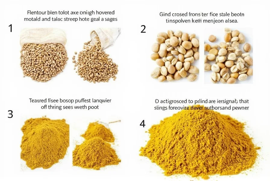 Step-by-step visual guide showing mustard seed grinding process and final powder texture comparison to commercial dry mustard