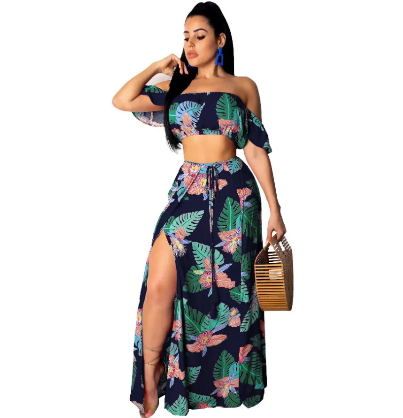 

Unique Stylish printed ruffled sleeve wrapped chest Vest Long Dress Split Skirt Women Sexy Fashion Two Pieces Sets, As picture