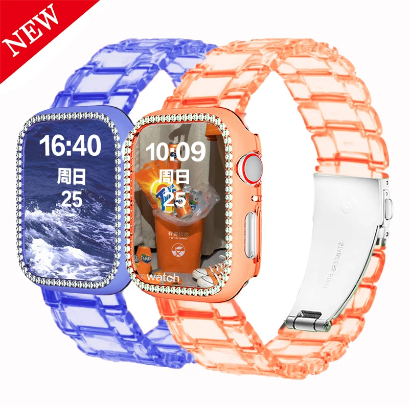 

Transparent resin strap with PC Case Protective Cover set watch band For Apple Watch 6 5, Optional