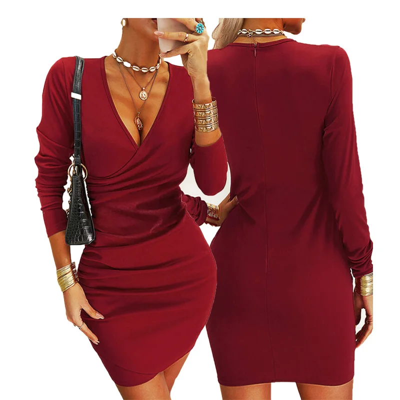 

2021 Fall New Fashion Long Sleeve Autumn Clothing Red Surpliced V Neck Bodycon Ruched Mini Fall Dress For Women