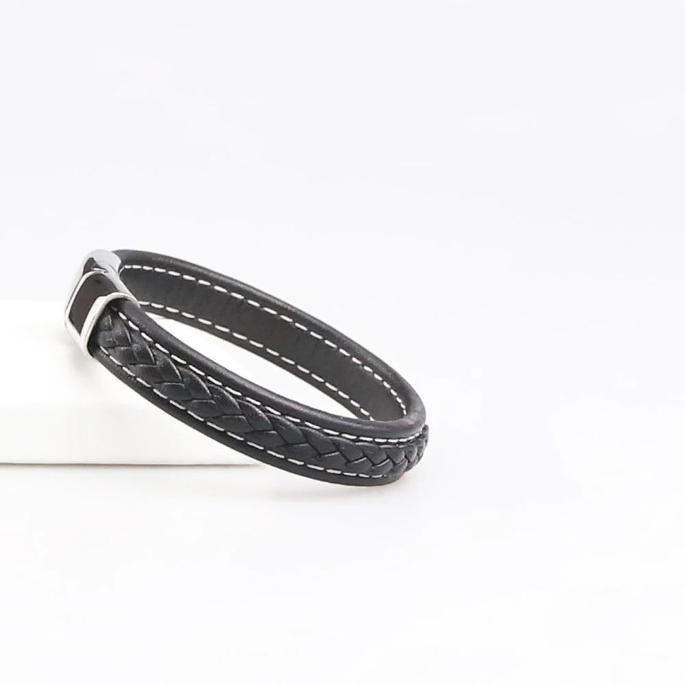

Stitching Braided Genuine Flat Leather Jewelry Bracelet Stainless Steel Clasp