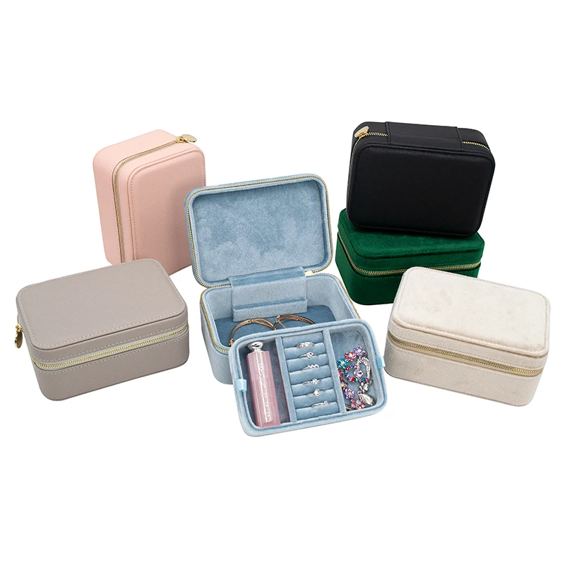 

Small zipper Velvet jewellery box tray women jewelry case, Black/pink/grey/beige/green/sky blue