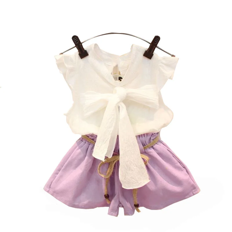 

2020 new hot selling fashion wholesale bow sleeveless shirt shorts two pieces children kids girl summer clothing