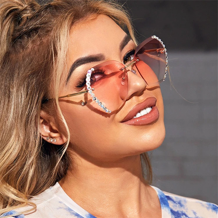 

2021 Vintage Fashion Oversized Rimless Sunglasses Women Famous Luxury Brand Design Sexy Diamond Square Sun Glasses For Female, Custom colors