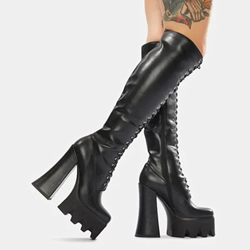 

Spring Women White Boots Autumn Fashion Black Leather Platform Gothic Boots Punk Combat Mid-Calf Boots For Women Shoes