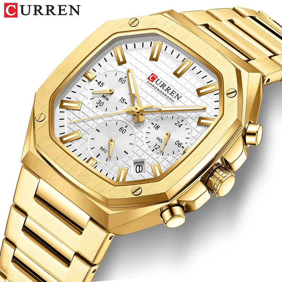 CURREN 8459 Business Men Watch Fashion Square Dial Stainless Steel Band Waterproof Quartz Watches Mens Multifunction Chronograph