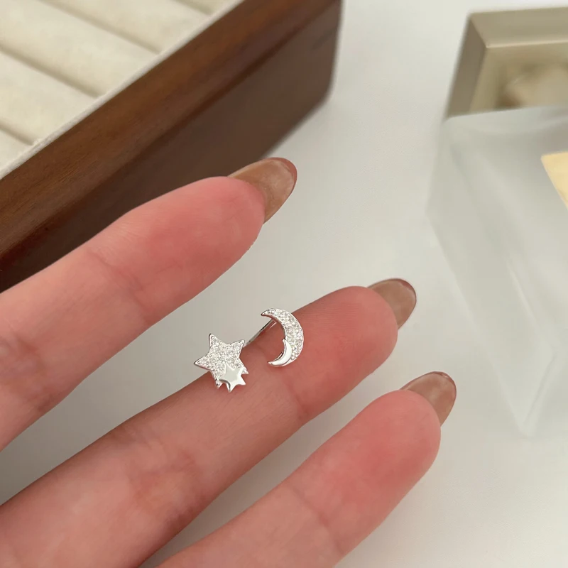 Fashion 925 Sterling Silver Clear Zircon Star Moon Shape Stud Earrings for Women Gifts Jewelry