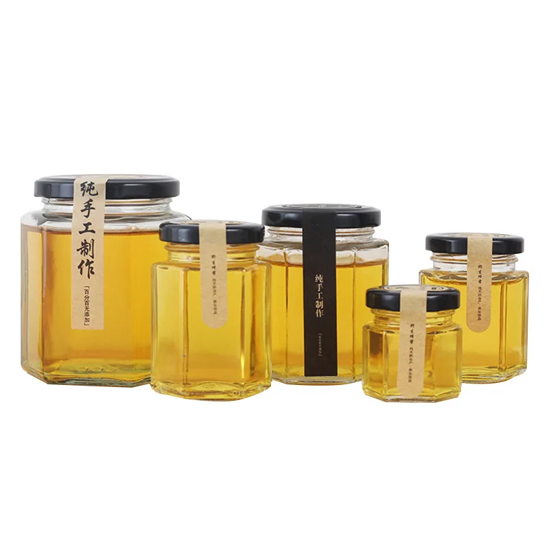 

2021 Hot Sale 45ml 60ml 85ml 100ml 180ml Empty Clear Hexagon Glass Jam Honey Jars Containers With Lid, Clear transparent