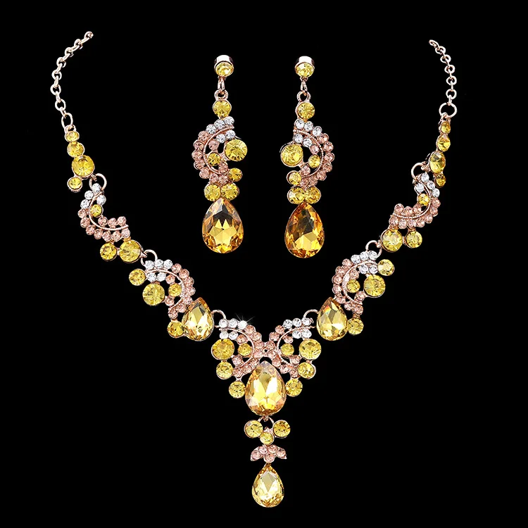 

2021 Western Colorful Luxury Diamond Wedding Earrings Necklace Set Design Gold Plated Bridal Jewelry Sets for Women, Customizable