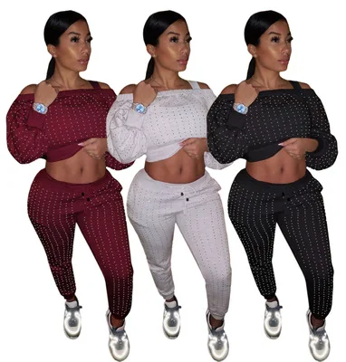 

B53554A 2020 European women autumn winter fashion long sleeve pants suit, Black/white/burgundy