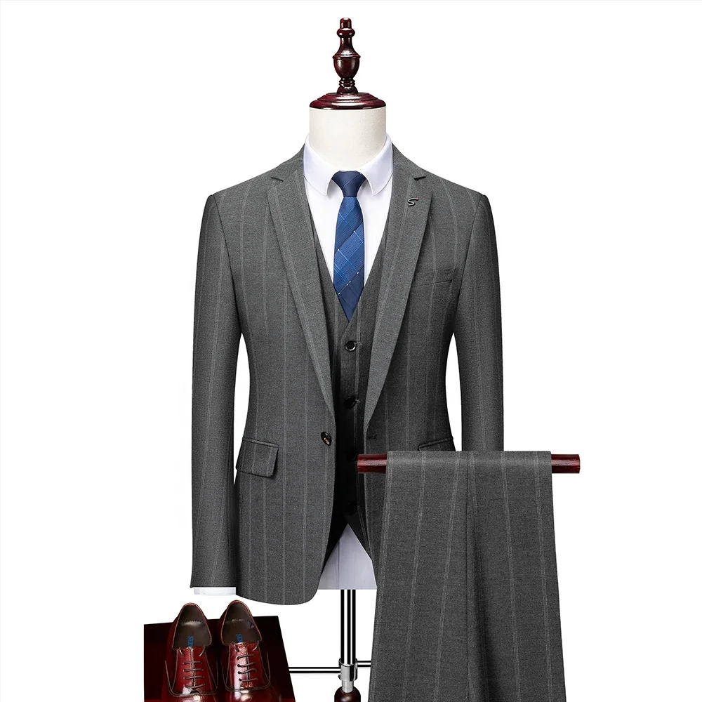 

Men High Quality Dark Grey Stripped 3 Piece Business Ready To Ship Formal Suits, Same as image