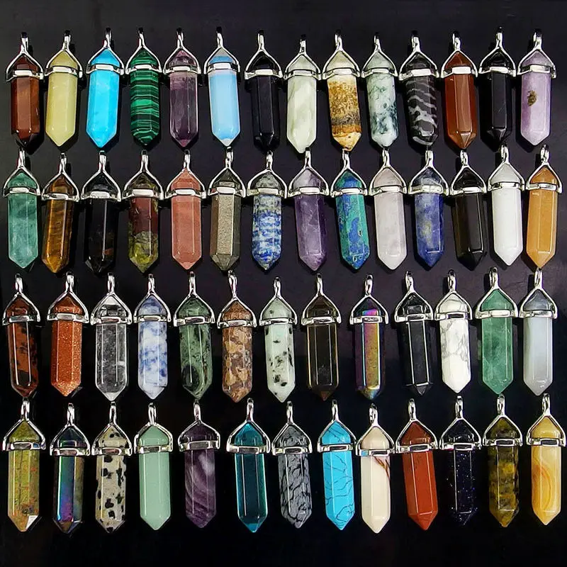 

Hexagon Prism Style Stone Pendant Bullet Shape Point Chakra Healing Charms Jewelry DIY Necklace Earrings Natural / Dyed
