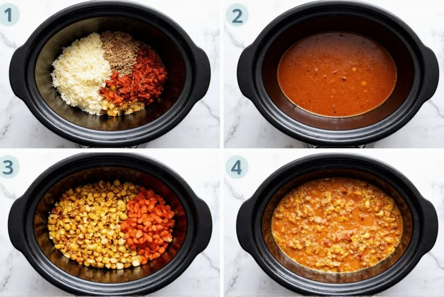Step-by-step preparation of chili mac crock pot with ingredients layered in slow cooker