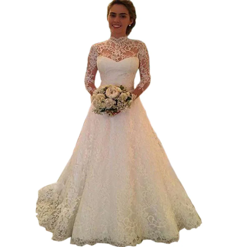 

2021 New Fashion Cheapest White Dacron Dress Lace Backless Long Sleeve Wedding Dresses