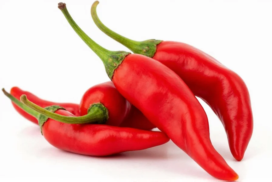Close-up comparison of Spanish cayenne peppers showing their distinctive curved shape and deeper red color versus standard cayenne varieties