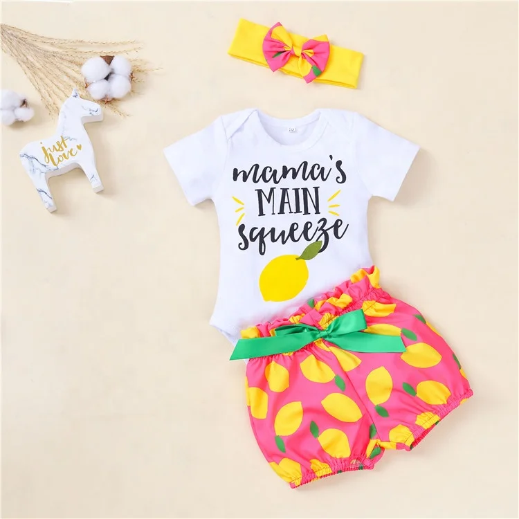 

Newborn Baby Girl Clothes Short Sleeve Romper Lemon Pants 3pcs Summer Outfit Set