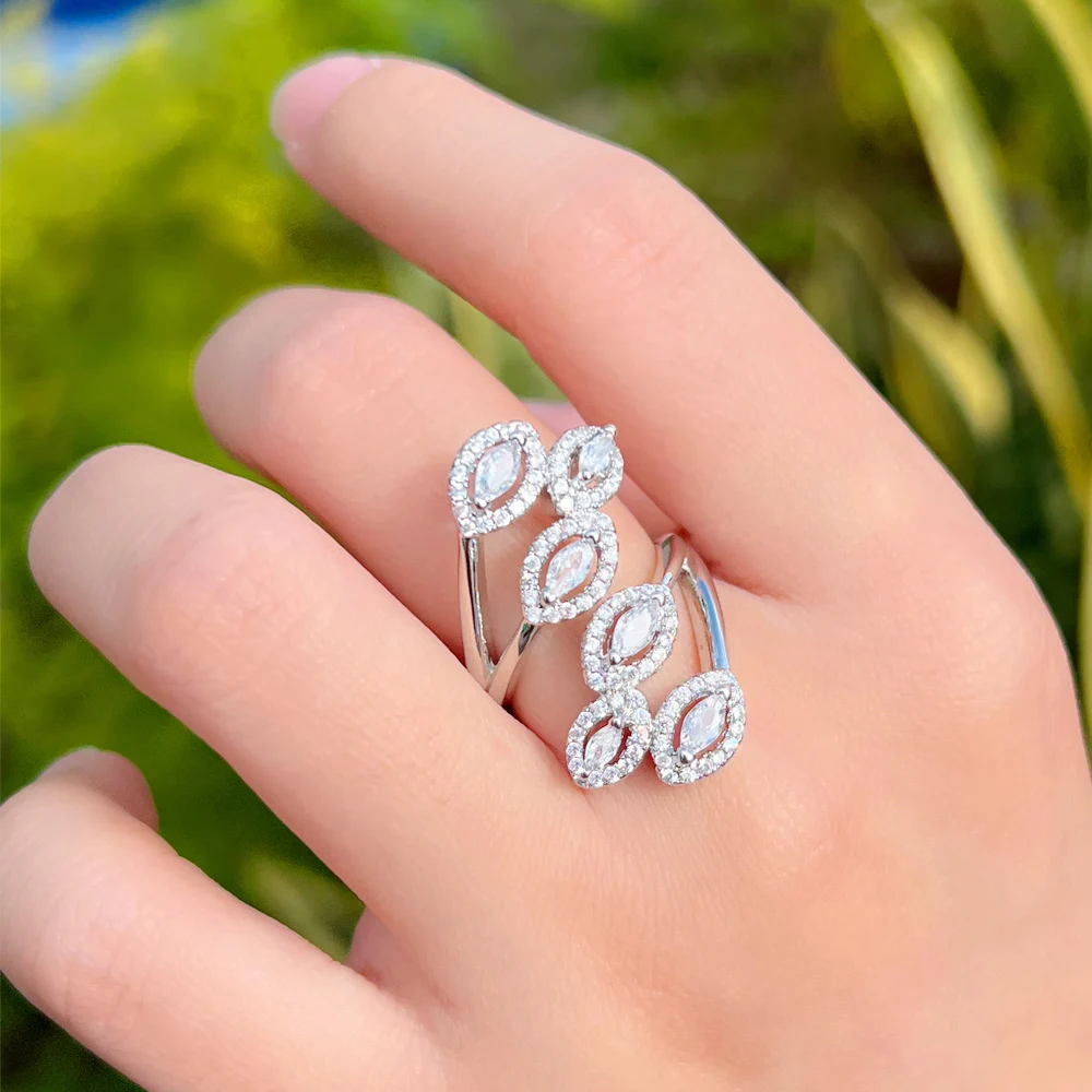 

Adjustable Size Top Bling CZ Zircon Stones Big Leaf Shape Long Finger Rings for Women Engagement Wedding Jewelry Accessories
