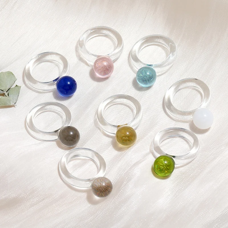 

New Cute Crystal Ball Resin Transparent Color Ring, 8 colors