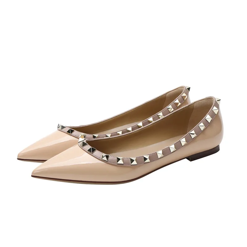

Rivet shoes women's flat flat with pointed toe new style wedding shoes leather matching web celebrity flat heel V Lutin single s