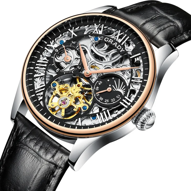 

High grade luxury stainless steel case skeleton mechanical movement watch men automatic