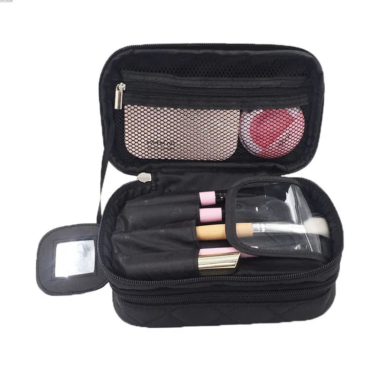 

Double Layers Zipper Cosmetic Bag Makeup Bag Trousse Maquillage with a Mirror, Rose red, black, coffee, pink