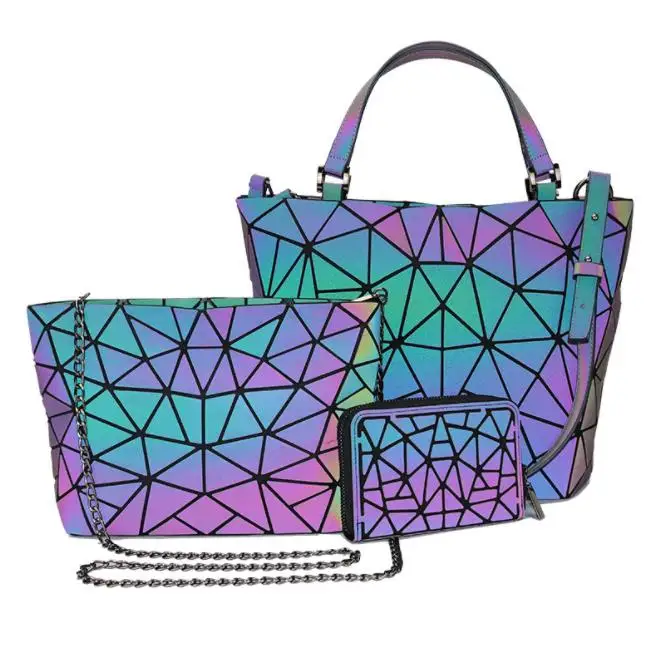 

HOT Geometry Set Women Luminous Handbag Reflective Geometric Laser Folding Shoulder Totes Luxury Purse Girl Custom Logo