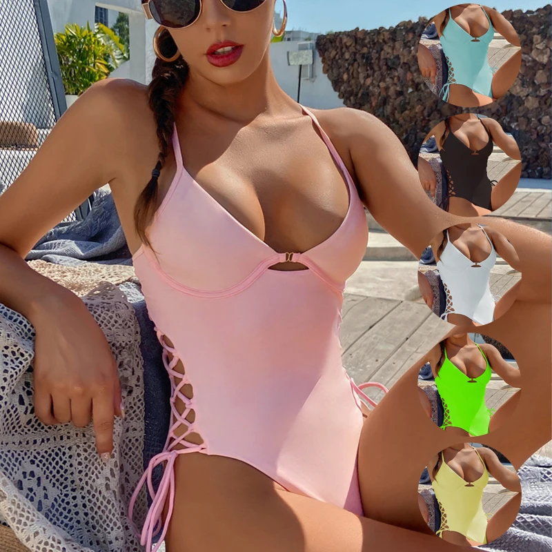 

2021 Swimwear Solid Color One Piece Swimsuit Backless Sexy Women Bikini High Waist Beach Wear Bathing Suits, As picture show