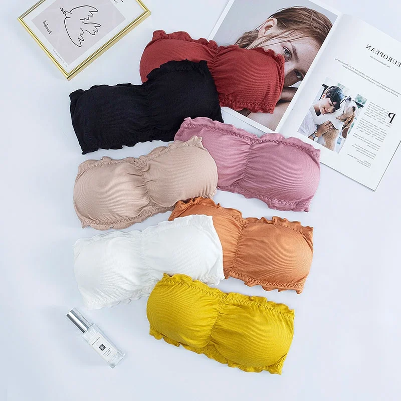 

7041 New Fashion Women Pop Top Tubes Strapless Bralettes Sexy Back Row Button Ladies Seamless Push Up Wire  Bra, White, pink, yellow, orange, black, khaki, red