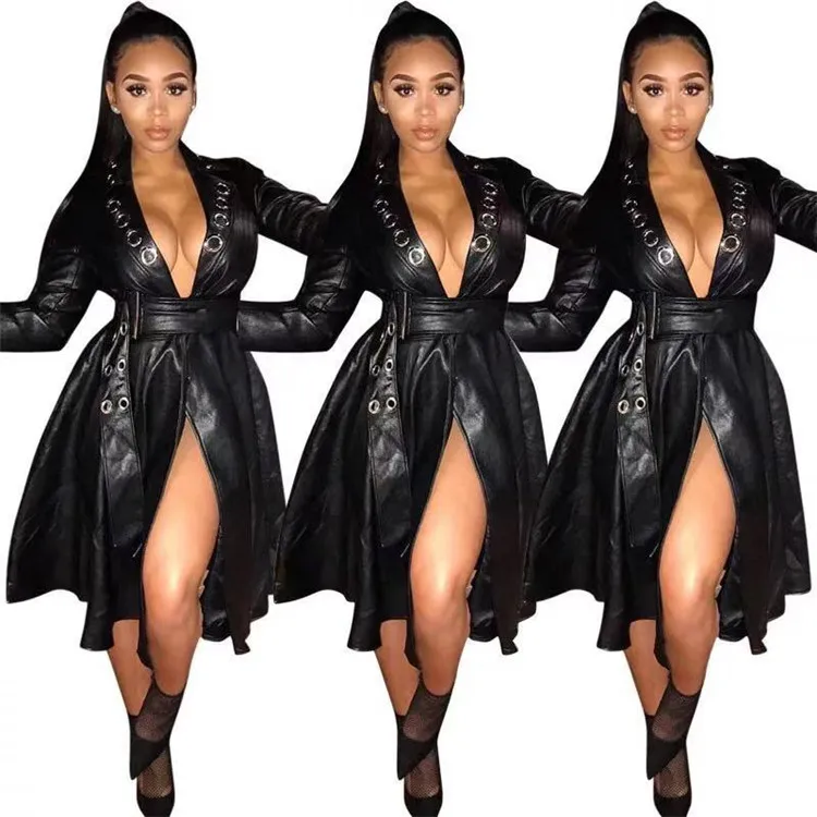 

Hot Selling Jackets Outerwear Coat Ladies Fashion Sexy PU Leather Belt Motorcycle Women Long Jacket Factory In China, Picture