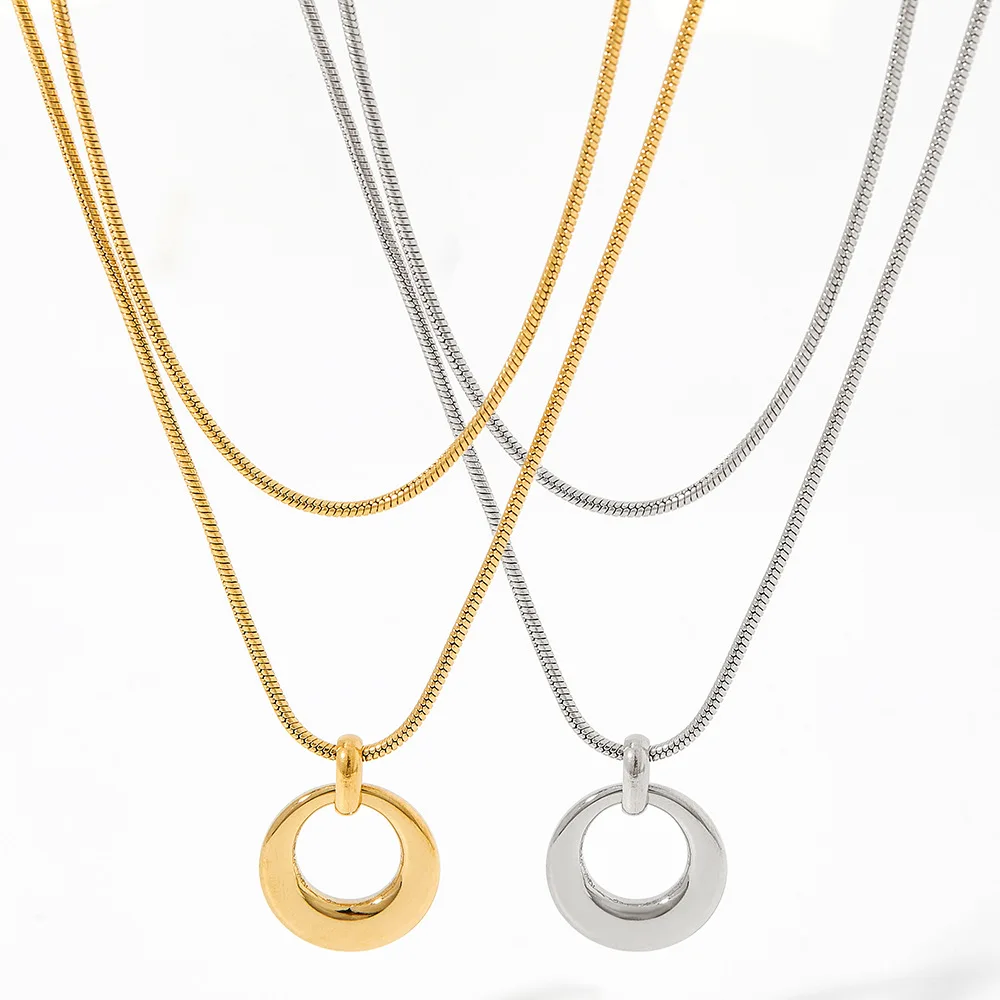 

GT New Arrival Double Layer Snake Chain Stainless Steel Necklace Geometric Circle Pendant Necklace For Women