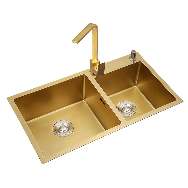 Nano Black Golden Stainless Steel Double Bowl Handmade Kitchen Sink