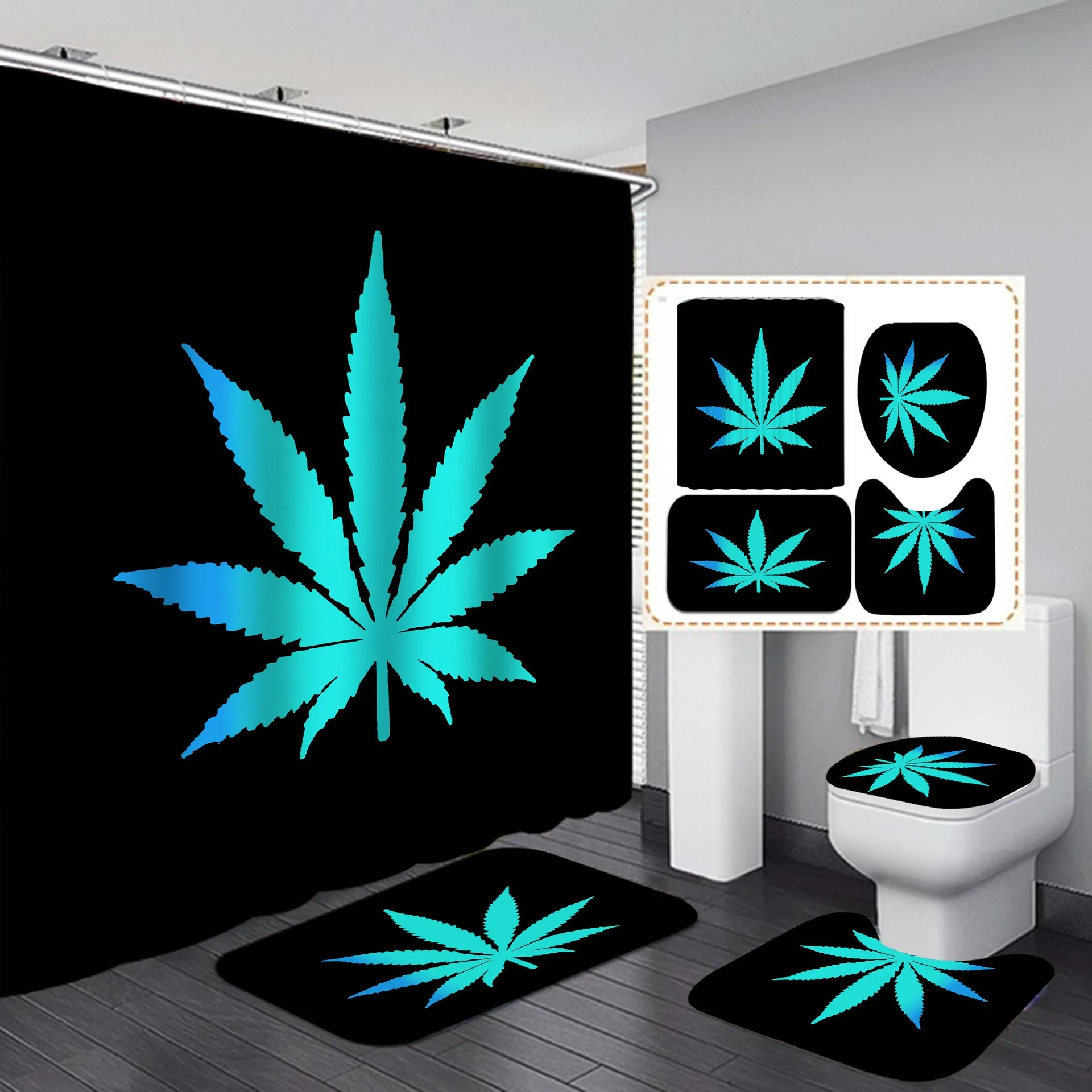 

Modern 4pcs Maple Leaf Custom Digital Print Waterproof Resistant Shower Curtain And Bath Rug Set