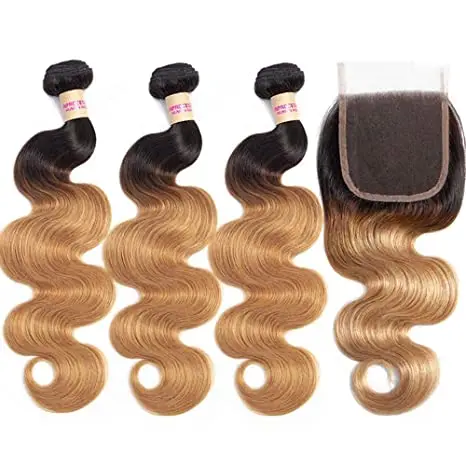 

12A T1b/4/27 Ombre Brazilian Body Wave Hair 1/3/4 Bundles with 4x4 Lace Closure Highlight Color Virgin Human Remy Hair Extension