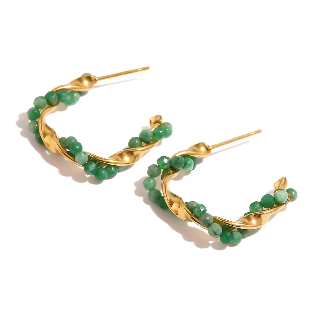 

Waterproof 18k Gold Plated Stainless Steel Twist CC Shaped Jewelry Green Nature Stone Earrings for Girls