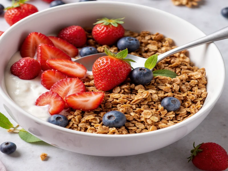 Homemade granola served in bowl with yogurt and fresh berries