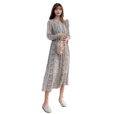 

Spring 2021 new women's long-sleeved dress floral chiffon waist slimming style long skirt popular skirt dresses women cas