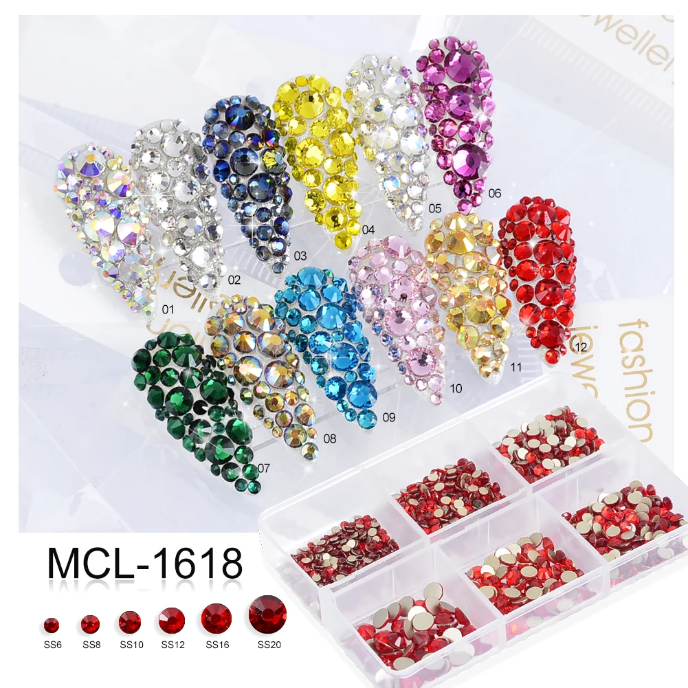 

High Quality 6 Grid box 6 sizes Round Mix Size 3D Crystal Rhinestones for 3D nail art, 12 colors as picture shown