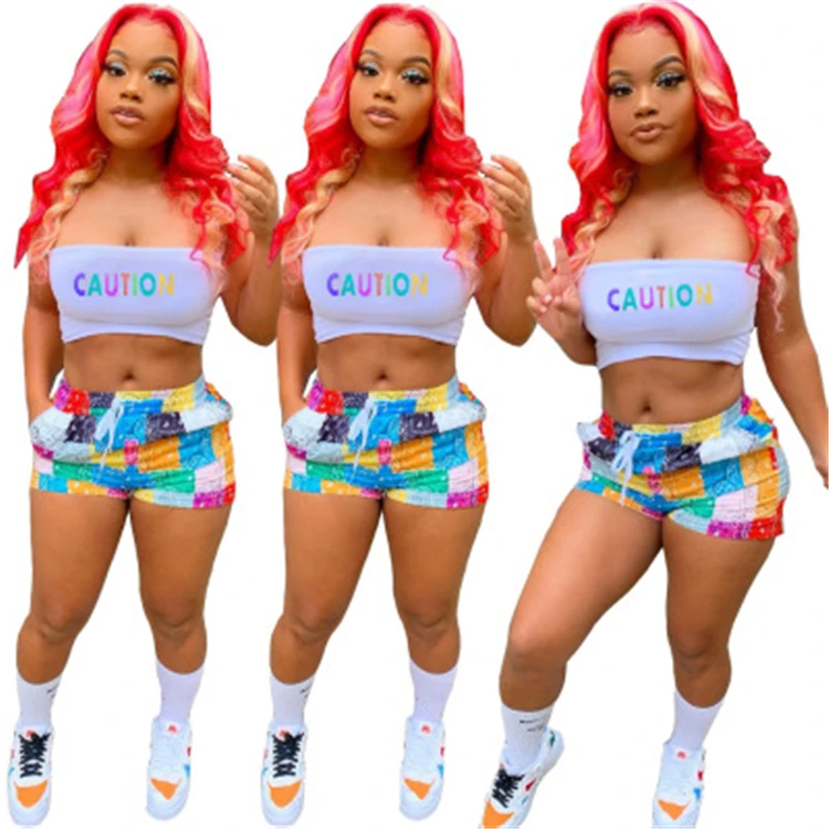 

2021 New Arrivals Bandana Shorts 2 Piece Set Women Gym Summer Tube Top Set, Picture