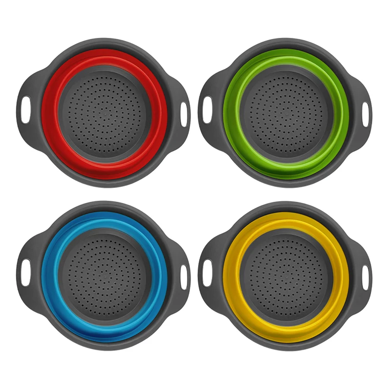 

XYj kitchen collapsible strainer fruit washing silicone drain kitchen colander foldable basket, Red, green, yellow, blue