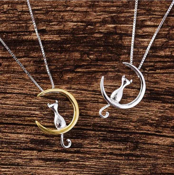 

Wholesale 925 Silver Moon Cat Necklaces Pendants Choker Necklace for women girl Jewelry Colar de Plata Drop Shipping