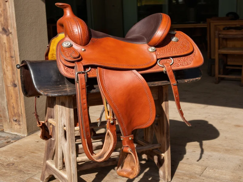 Properly conditioned leather saddle on wooden stand