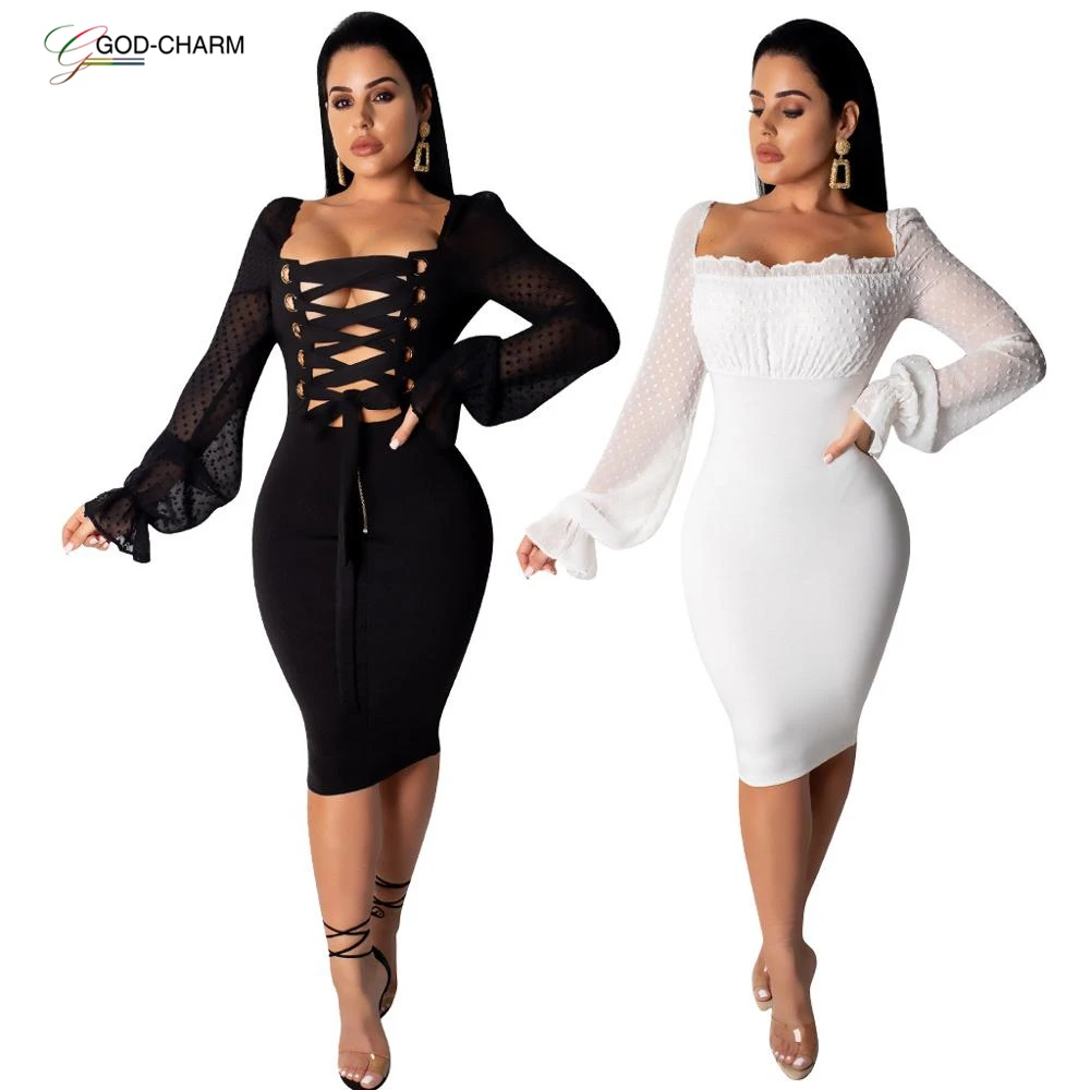 

GC-86961129 wholesale Women Elegant Celebrity Evening Party Dress Sexy Flare Sleeve White Black Midi Dress