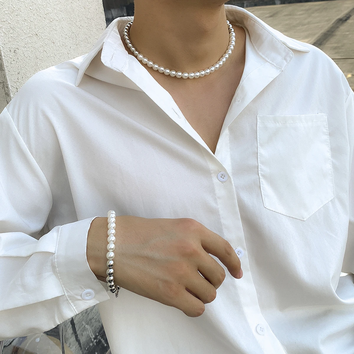 

SHIXIN Hip Hop Pearl Jewelry Sets Punk CCB Bead Choker Necklace Bracelet Set Trendy Gold Silver Necklace Bracelet for Men