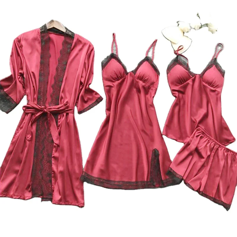 

High Quality lady Silk Lace Pajamas Set Long Sleeve High Quality Sleep wear Female Sleep night Loungewear, Customized colors