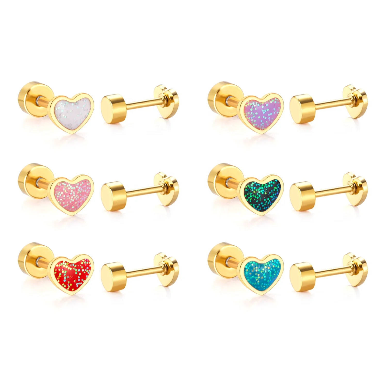 

Gold Stainless Steel 6 Colors Screw Plug Stud Earrings Custom Child Kids Girls Shining Heart Earrings, Gold/silver available