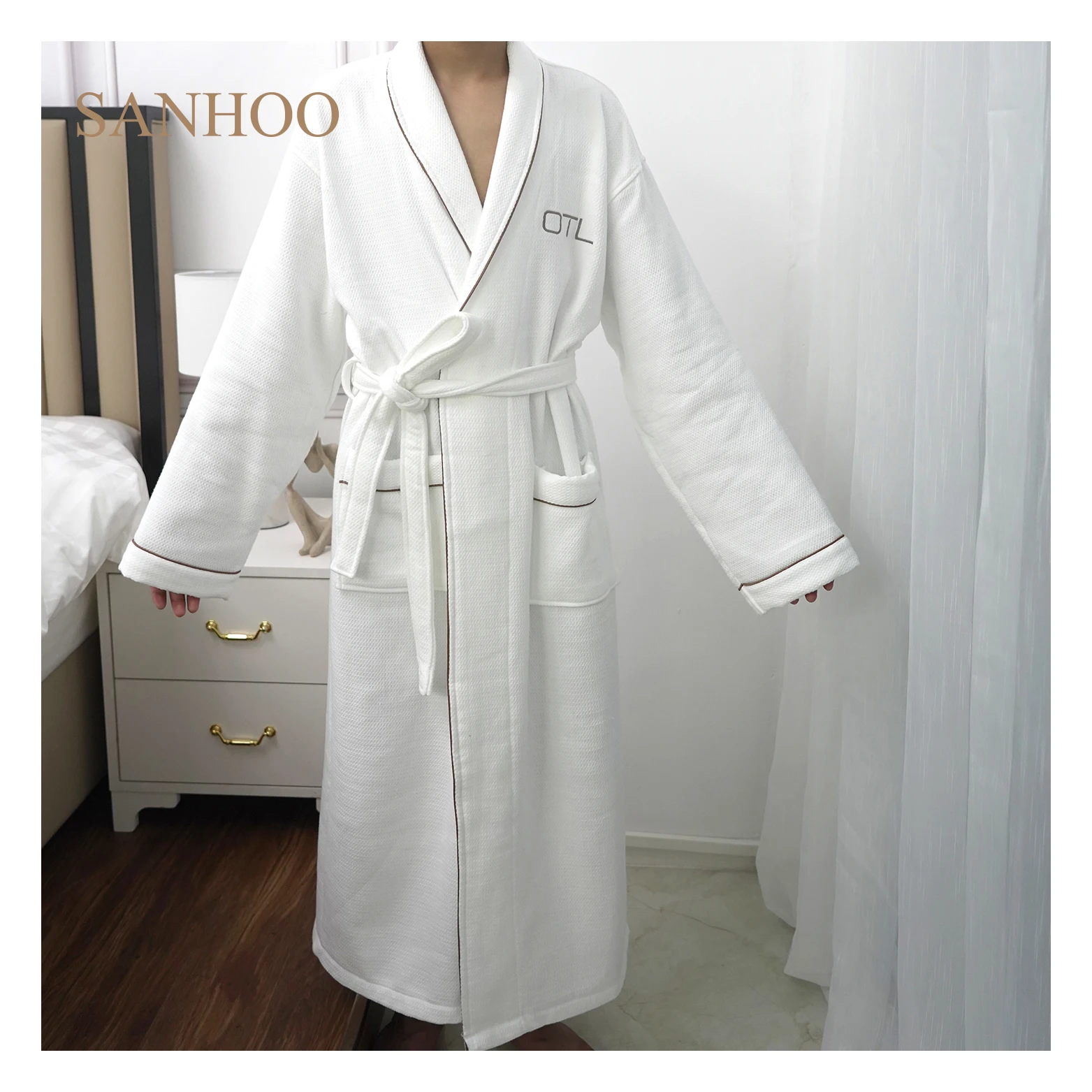 

SANHOO Extra Long Shawl Collar White 100% Cotton SPA Velour Hotel Quality Men Bathrobe, White or customized