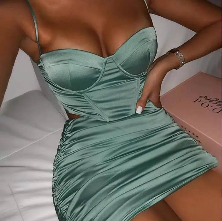

Summer Dresses 2 Pieces Women Party Fashion Bodycon Sexy Mini Short Crop Top Corset Fishbone Strap Cami Club Dress Women Clothes