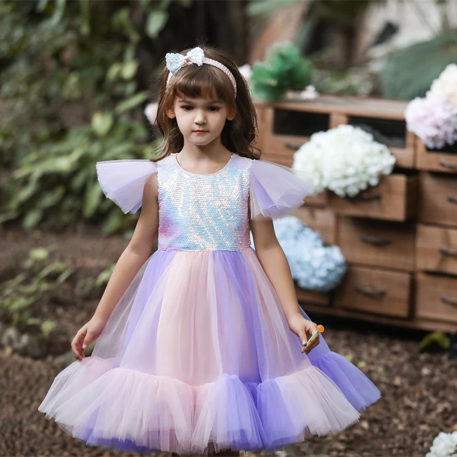 

Sequin flying sleeve kids party dress lace headdress kids dress princess fluffy birthday dress for girls, White,purple,pink
