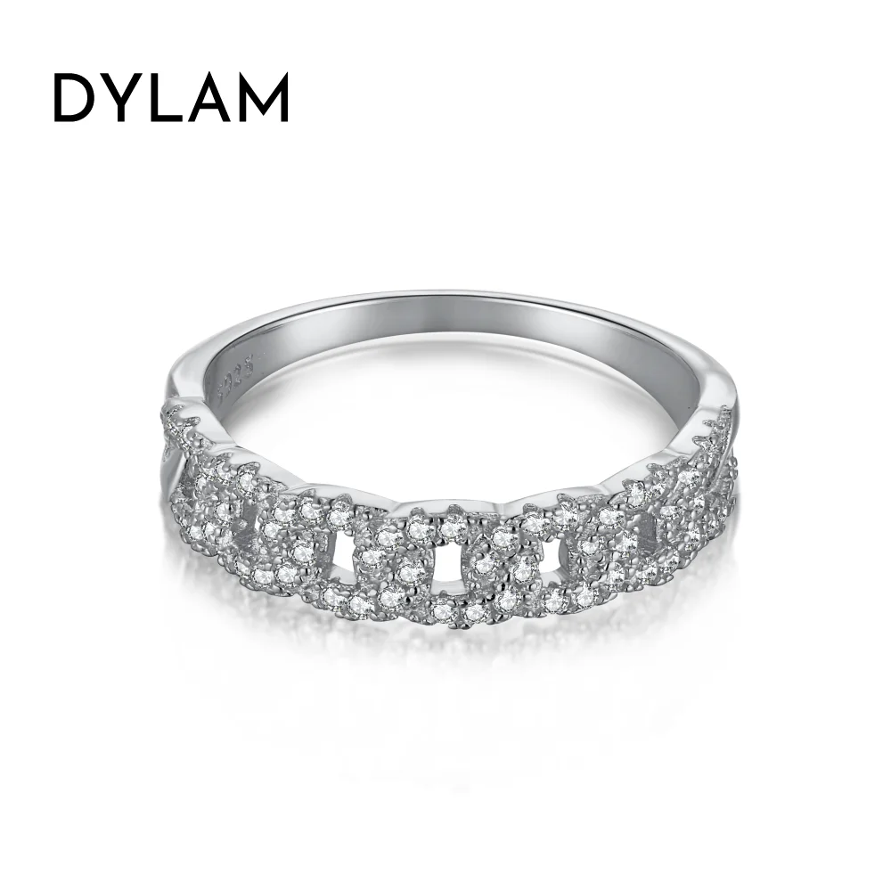 

Dylam Luxurious Fine Jewelry Women 925 Sterling Silver Rhodium 18K Gold Plated Cuban Chain Diamond 5A Zirconia Wedding Ring
