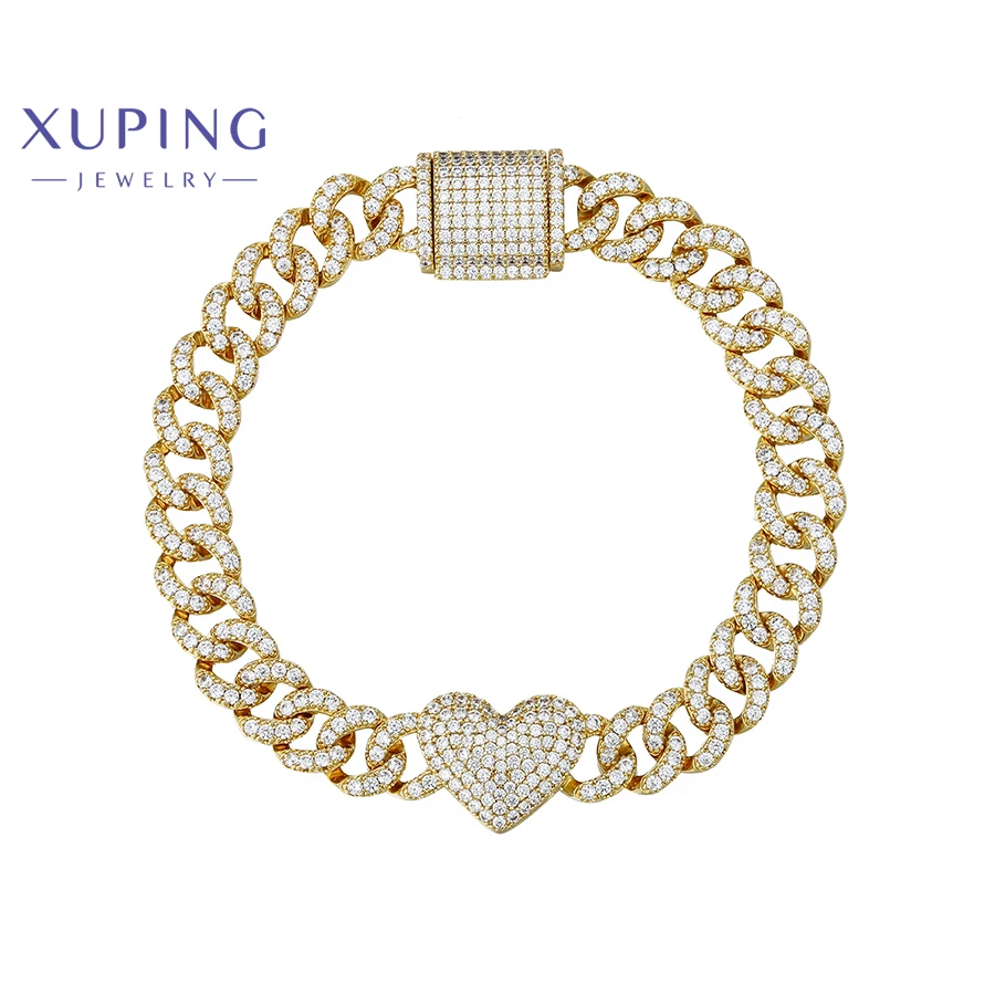 Xuping Customize 14k Gold Plated Cuban Bracelet Chain Foot Jewelry Heart Bling Zircon Female Cuban Link bracelet with heart